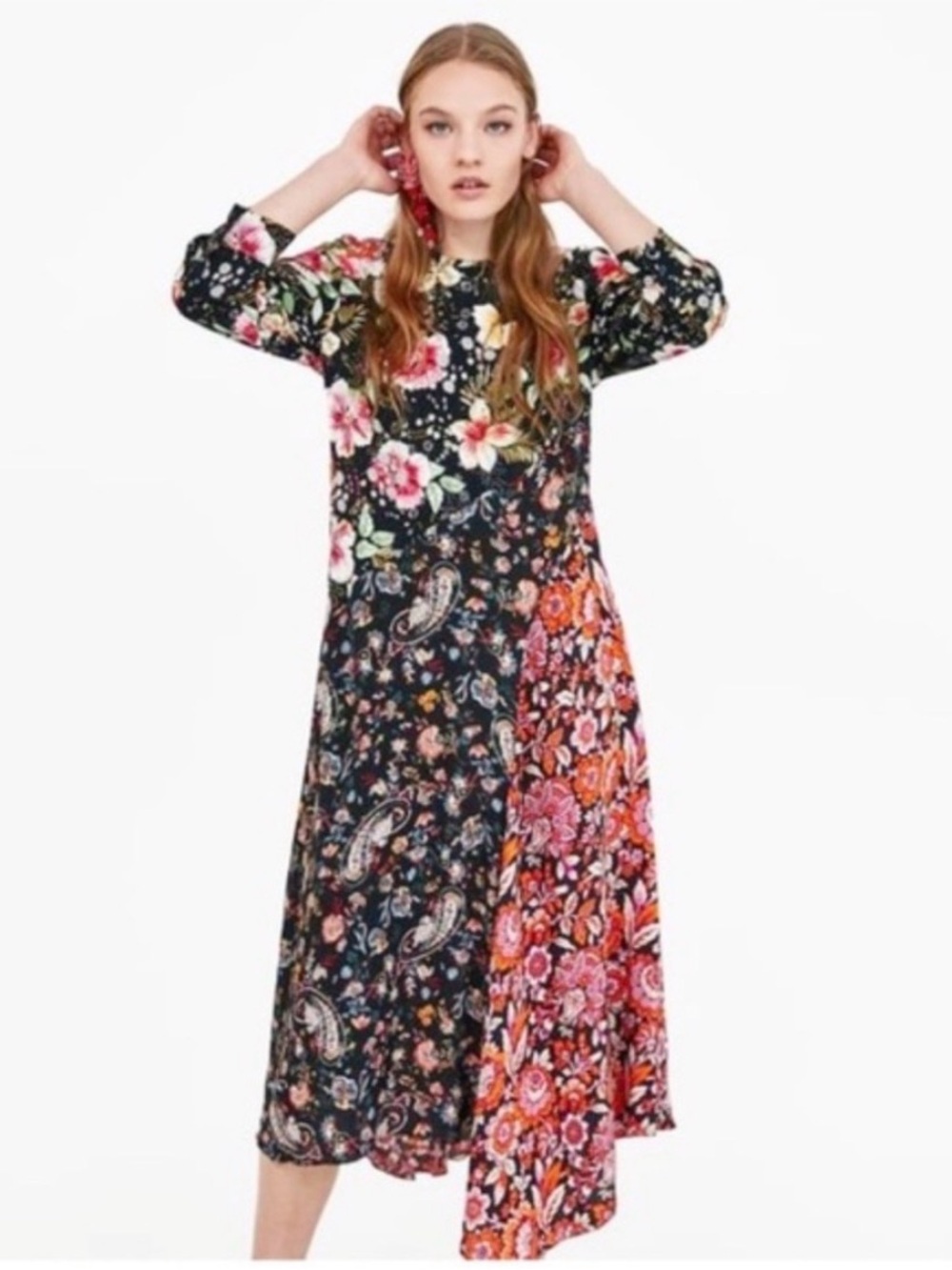 Zara Floral Patchwork Print Boho Midi Dress Black Multi Asymmetrical